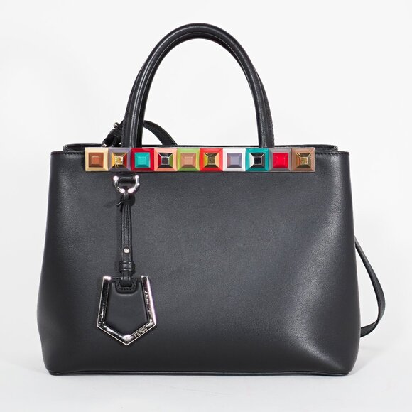 Fendi Petite 2Jours Black Leather Tote with Multicolor Dolce Studs - Picture 1 of 15
